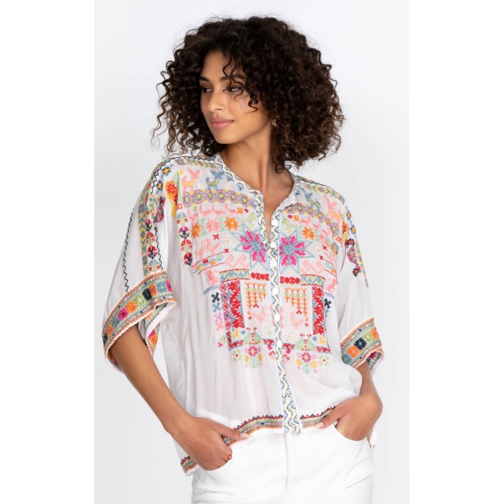Johnny Was Embroidered Boho Button Down Blouse White Multi Color Small